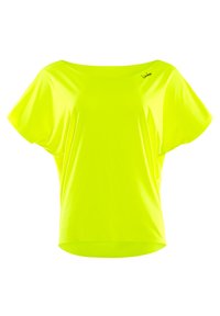 Neon yellow short-sleeve shirt with a boat neck, made from a smooth, lightweight fabric. Features a small logo on the left shoulder.