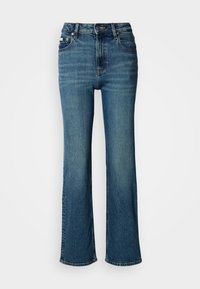 Jeans albastre cu talie înaltă, din denim, cu un design drept, ușor decolorate și închidere standard cu buton și fermoar.