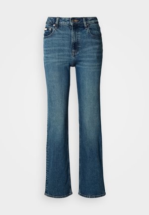 Džínsy s vysokým pásom, vyrobené z denimu, s rovnými nohavicami, jemným vyblednutím a štandardným zapínaním na gombík a zips.