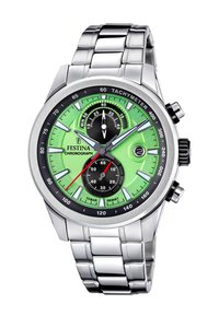 Sudraba nerūsējošā tērauda hronogrāfs ar zaļu ciparnīcu, melnām apakšciparnīcām, tachymeter atzīmēm un sarkaniem akcentiem uz rādītājiem un atzīmēm.