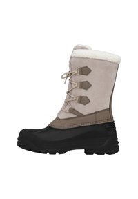 Botas de invierno hasta la rodilla con un upper de ante gris y suela de goma negra, que cuentan con cordones beige, un ribete de piel sintética y tres acentos decorativos.