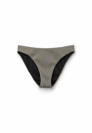 Culotte de bikini rayée avec un intérieur noir et une ceinture élastique, présentant de fines rayures verticales beige et noir.