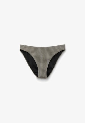 Stripede bikiniunderdele med sort inderside og elastik i taljen, med smalle lodrette striber i beige og sort.