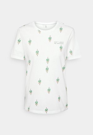 Biała koszulka z krótkim rękawem z małymi zielonymi wzorami wiszących roślin oraz napisem "DON'T LEAVE ME HANGING" na lewej górnej części klatki piersiowej.