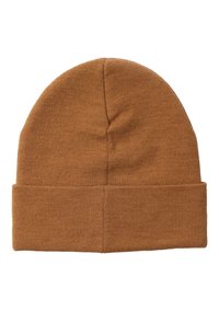 Bonnet en tricot marron avec une texture côtelée et un revers plié. Le dessus est arrondi, montrant un design sans couture.