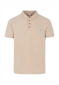 Beige polo shirt gemaakt van gestructureerde stof, met een twee-knops sluiting en een klein geborduurd logo op de borst. Korte mouwen.