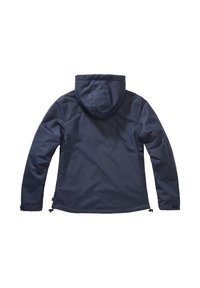 Laivastonsininen vetoketjullinen huppari pitkine hihoineen, säädettävillä hihansuihilla ja nyöreillä helman kohdalla, esitetty takaa.