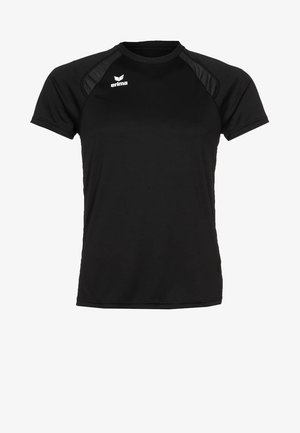 T-shirt sportivo nero con maniche corte, scollatura rotonda, dettagli in rete sulle spalle e un logo bianco sul lato sinistro del petto.