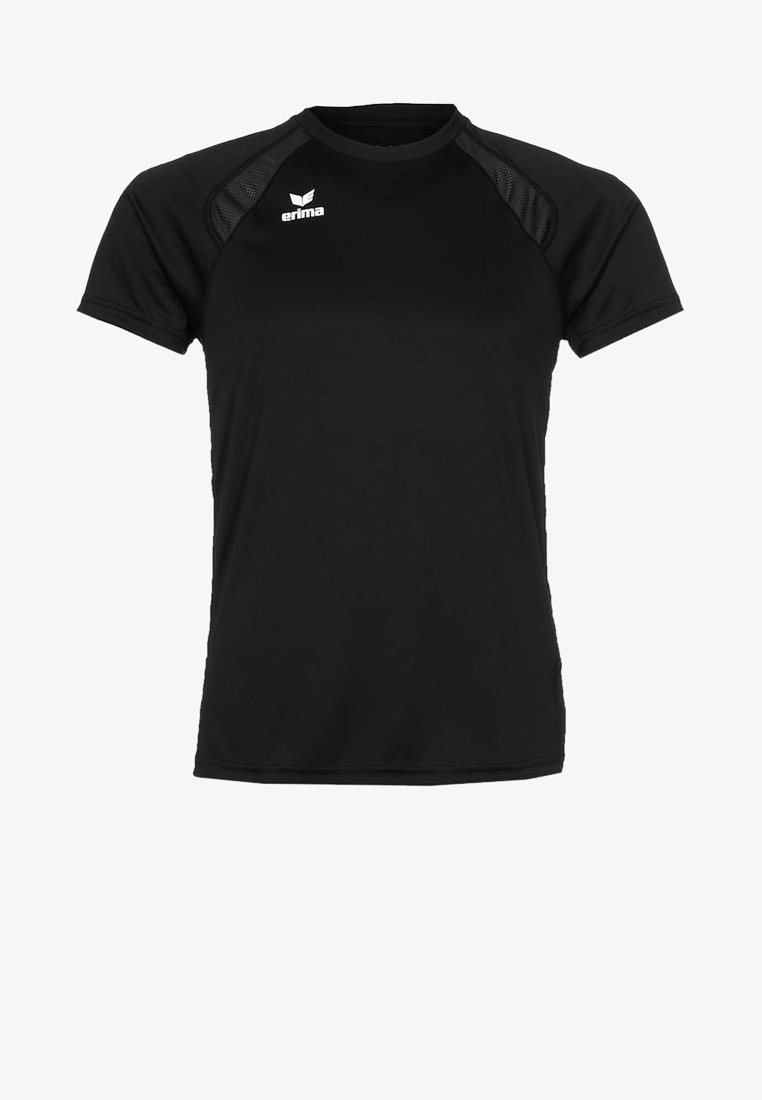 Zwarte sport T-shirt met korte mouwen, ronde halslijn, netaccenten op de schouders en een wit logo op de linkerborst.
