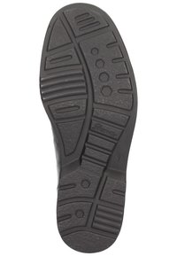 Zwarte rubberen zool met textuurpatronen, waaronder hexagonale en lineaire vormen, ontworpen voor grip en duurzaamheid.