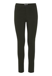 Tmavě zelené slim-fit kalhoty vyrobené z elastické tkaniny, s klasickým pětikapsovým designem, kontrastním prošíváním a zapínáním na předním knoflíku.