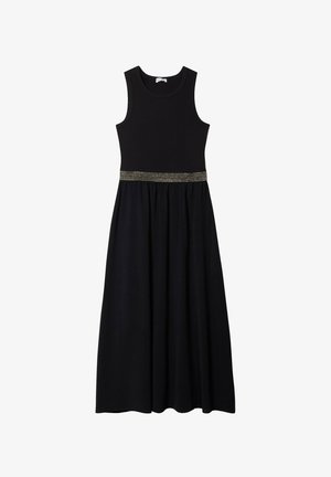 Black sleeveless dress with a fitted top and flared skirt. Features a textured gold waistband, soft fabric, and ankle-length design.