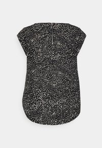 Top preto de manga curta com um padrão branco em espiral e fecho com zíper nas costas. Bainha arredondada e design solto.
