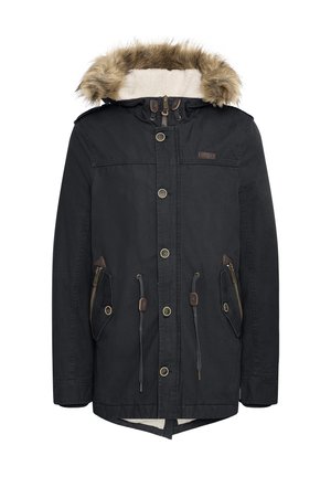 Svart parka-jacka med en huva fodrad med konstpäls, knapp- och dragkedjestängning, två framfickor och justerbara dragsko i midjan.