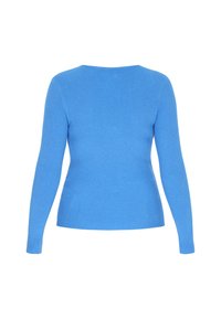 Maglione lungo a maniche lunghe blu a coste con scollatura rotonda. Design aderente, texture morbida e bordi puliti ai polsini e all'orlo.