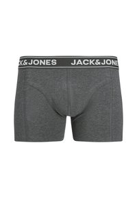 Szare bokserki wykonane z miękkiej bawełny, z czarnym pasem w talii z białym logo "JACK & JONES", w dopasowanym kroju.