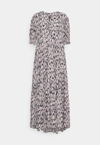 Maxime dress in vaaleanpunainen mustalla abstraktilla kuviolla, lyhyet puffi-hihat, V-pääntie, koottu vyötärö ja lentävä hame. Sujuva kankaan rakenne.