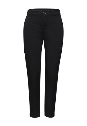 Pantalon cargo noir slim-fit avec bouton à l’avant, passants de ceinture et poches latérales sur fond blanc.