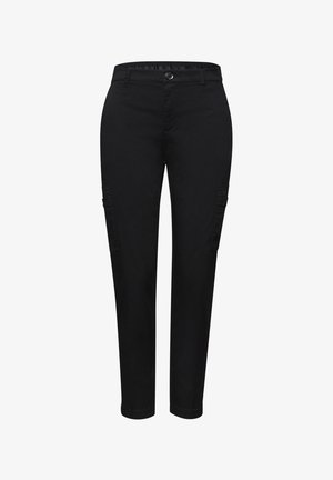 Schwarze, schlank geschnittene Cargo-Hose mit Frontknopf, Gürtelschlaufen und Seitentaschen auf weißem Hintergrund.