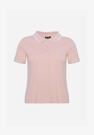 Polo shirt in zachtroze katoen met witte accenten, drieknoopsluiting en geborduurd logo op de linkerborst. Korte mouwen.