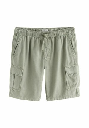 Hele roheline lõdvalt sobivad lühikesed püksid elastse vöökohaga, nööriga, küljetaskutega ja klapitaskutega kummalgi jalal, esitatuna valgel taustal.