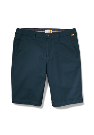Marineblaue Shorts aus leichtem Material, mit zwei seitlichen Taschen, einem Knopfverschluss vorne und einem gestickten Saum. Timberland-Label enthalten.