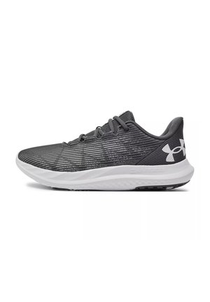 Gray athletic shoes with textured mesh upper, white midsole, and black rubber outsole. Features lacing system and logo on side.