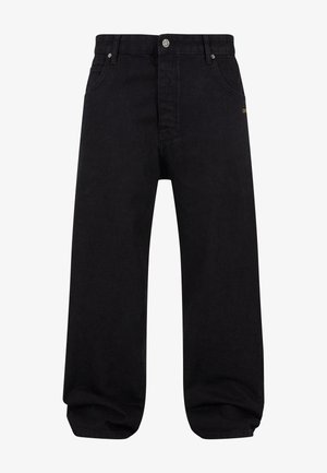 Schwarze Denim-Hosen mit geradem Bein, fünf Taschen und Knopfverschluss. Mit dezentem orangenem Branding vorne. Glatte Textur.