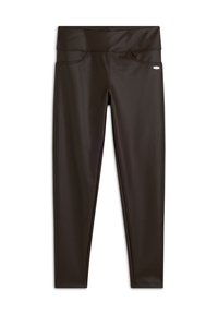 Leggings marroni a vita alta realizzati in un tessuto liscio e elastico, con cuciture piatte e due tasche frontali per una maggiore funzionalità.