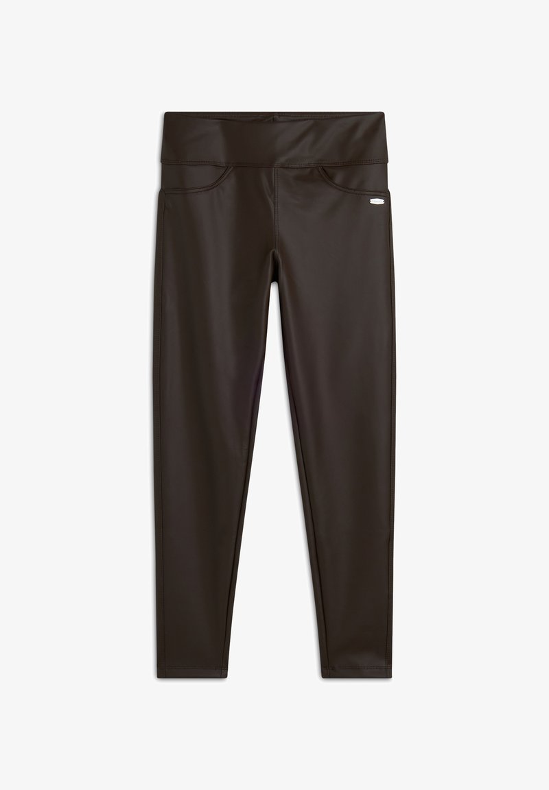 Leggings marroni a vita alta realizzati in un tessuto liscio e elastico, con cuciture piatte e due tasche frontali per una maggiore funzionalità.