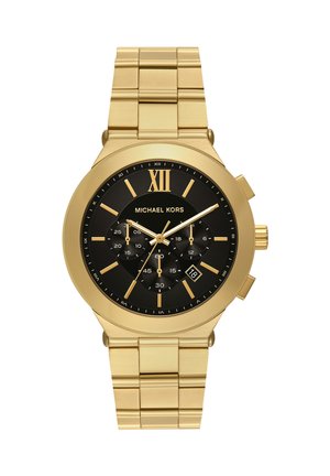 Michael Kors polshorloge in goudkleur met zwarte wijzerplaat, Romeins cijfer XII, drie subdials, datumvenster en metalen schakels.