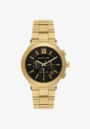 Michael Kors polshorloge in goudkleur met zwarte wijzerplaat, Romeins cijfer XII, drie subdials, datumvenster en metalen schakels.