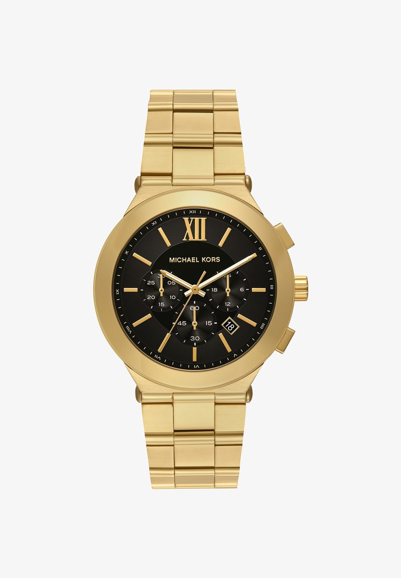 Michael Kors armbåndsur i guldfarve med sort urskive, romertal XII, tre underskiver, datovindue og metalledsarmbånd.