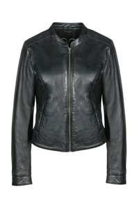 Černá kožená bunda s kulatým výstřihem, předním zipem a dlouhými rukávy. Má jemnou texturu a přiléhavý střih.