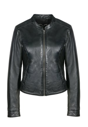 Musta nahkatakki, jossa on pyöreä kaulus, edessä vetoketjukiinnitys ja pitkät hihat. Ominaisuuksiin kuuluu sileä pinta ja vartalonmyötäinen muotoilu.