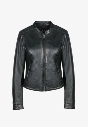 Zwarte leren jack met een ronde hals, sluiting met rits aan de voorkant en lange mouwen. Heeft een gladde textuur en een aangesloten ontwerp.