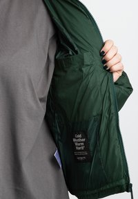 Giacca isolata verde, con zip frontale, fodera testurizzata e tasca interna con etichetta "Cold Weather Warm".