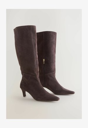 Knee-high brown suede boots with pointed toes and 3-inch heels, featuring a side zipper and smooth texture.