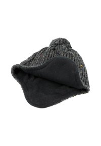 Gray knitted hat with a textured pattern and a pom-pom, featuring a soft black fleece lining for added warmth.