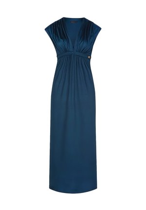 Teal maxi dress with cap sleeves, a deep V-neck, gathered waist, and a side gold button accent. Soft, smooth fabric with a draping design.
