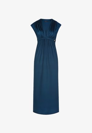 Tirkizna maksi haljina s rukavima na kapu, dubokim V-izrezom, naboranim strukom i bočnim zlatnim gumbom. Mekan, glatak materijal s dizajnom koji lijepo pada.