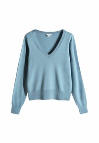 Svijetloplava v-neck pulover izrađena od mekog materijala, s dugim rukavima i rebrastim detaljima na izrezu i rubu. Glatka tekstura i jednostavan dizajn.