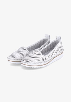 White slip-on shoes with perforated upper, smooth texture, rounded toe, and contrasting beige trim. Flexible rubber sole for comfort.