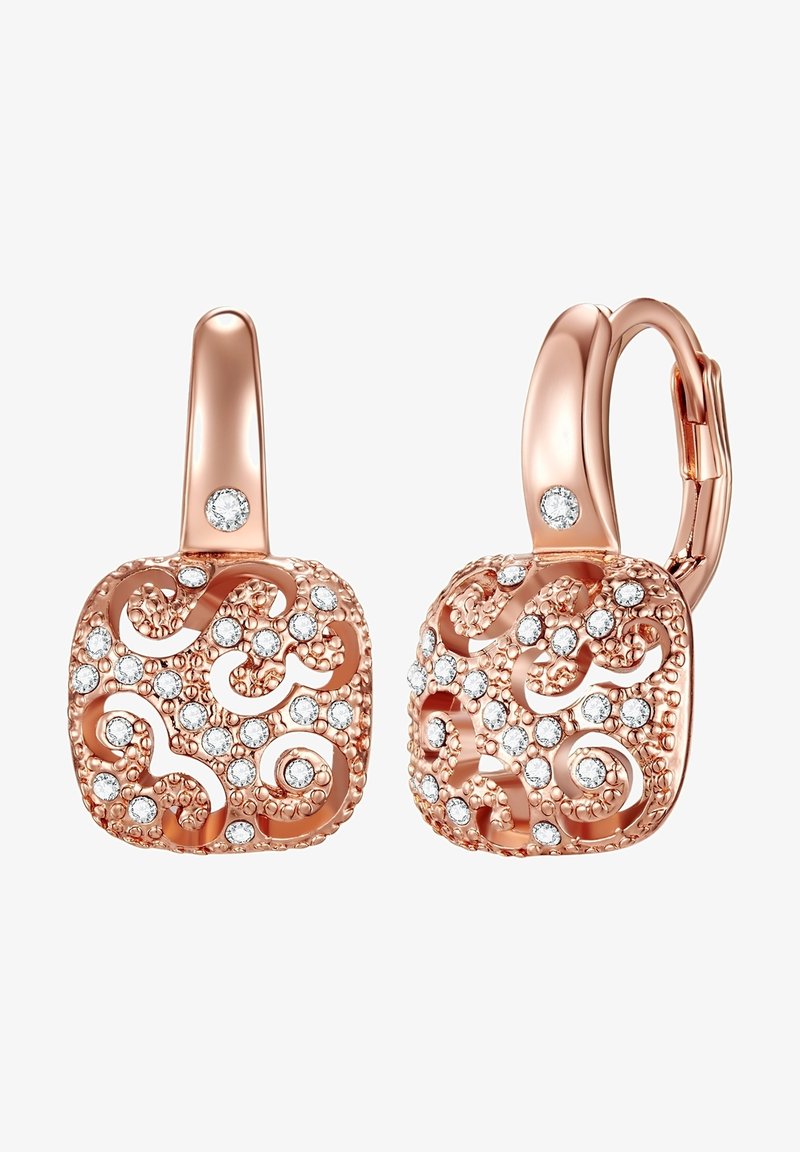 Roséguldörhängen med intrikata virvlar, prydda med glittrande klara kristaller, med en säker spännedesign.