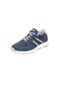 Baskets en daim bleu marine avec accents blancs, lacets gris et détail de fermeture éclair sur le côté. Comprend une semelle rembourrée et une forme de bout arrondi.