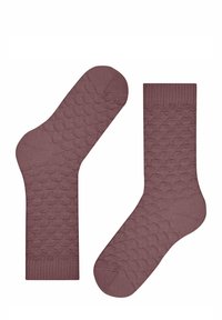 Chaussettes mauves avec un motif texturé, des poignets côtelés et une finition lisse. Le design comprend une pointe arrondie et une construction sans coutures.