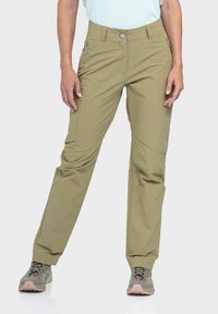 Helle olivgrüne Outdoor-Hosen mit schlanker Passform, mit Reißverschlusstaschen an den Seiten und subtil verjüngtem Design. Hergestellt aus strapazierfähigem, leichtem Material.