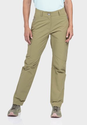 Helle olivgrüne Outdoor-Hosen mit schlanker Passform, mit Reißverschlusstaschen an den Seiten und subtil verjüngtem Design. Hergestellt aus strapazierfähigem, leichtem Material.