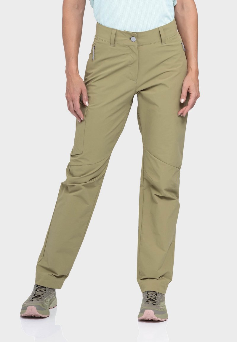 Helle olivgrüne Outdoor-Hosen mit schlanker Passform, mit Reißverschlusstaschen an den Seiten und subtil verjüngtem Design. Hergestellt aus strapazierfähigem, leichtem Material.