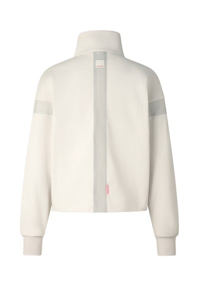 Off-white long-sleeve jacket with high collar, vertical gray stripe down back, gray bands on upper sleeves, and ribbed cuffs.